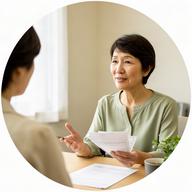 住宅制度の資料を手に相談室で話す住まい相談員