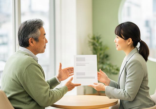港区の明るい相談室で職務経歴書を見ながら話す５０代の相談者と支援員