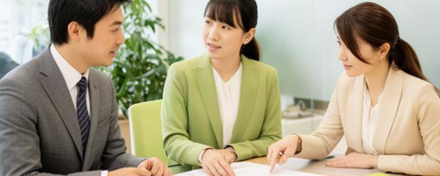 港区の相談室で雇用と年金の資料を確認する三人の相談員
