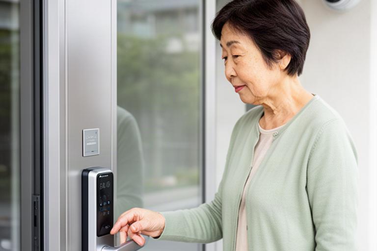 東京都内の見守り機能付きマンションでオートロックを確認する高齢女性
