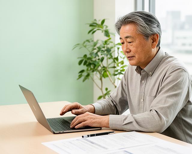 港区の明るいワークスペースで求人情報を確認する60歳前後のホワイトカラー男性